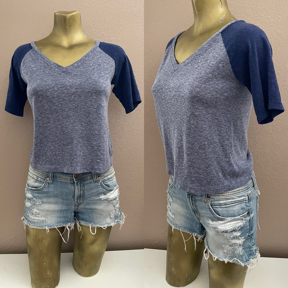 HERITAGE 1981 I Love H81 VINTAGE Y2K Denim Blue Retro 3/4 Sleeve TEE SHIRT Small